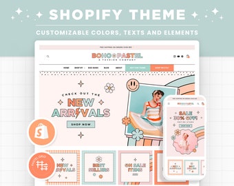 Shopify Theme Boho Pastel Groovy Rainbow Customizable Shopify Template Editable Canva Banners Retro Smiley Design, Bright Colors Shop - BPT