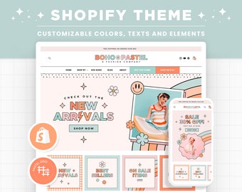 Shopify Theme Boho Pastel Groovy Rainbow Customizable Shopify Template Editable Canva Banners Retro Smiley Design, Bright Colors Shop Design