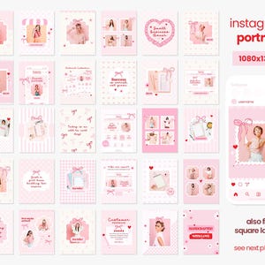 May include: A collection of 25 pink and white Instagram post templates with various designs featuring bows, hearts, polka dots, stripes, and text. The templates are designed for a portrait layout with a resolution of 1080x1350 pixels. The text on the templates includes "Small Business Owner", "Success is earned, not given", "Today is not an add to cart day!" and "Handcrafted with Love".