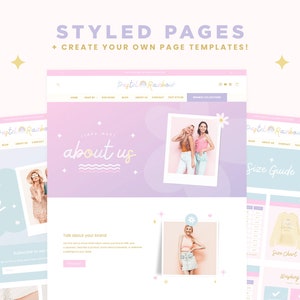 K&ouml;nnte beinhalten: Eine Website-Designvorlage f&uuml;r einen Online-Shop mit einem pastellfarbenen Regenbogen-Farbschema. Die Vorlage enth&auml;lt eine "&Uuml;ber uns"-Seite mit einem Foto von zwei Frauen, eine "Blog"-Seite mit einem Foto einer Frau und eine "Gr&ouml;&szlig;entabelle"-Seite mit einer Gr&ouml;&szlig;entabelle und Waschhinweisen.