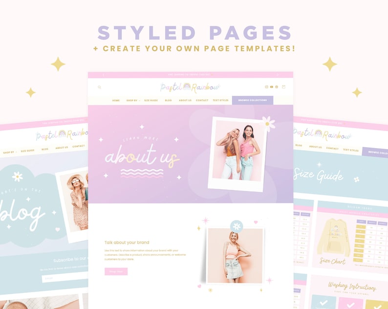 K&ouml;nnte beinhalten: Eine Website-Designvorlage f&uuml;r einen Online-Shop mit einem pastellfarbenen Regenbogen-Farbschema. Die Vorlage enth&auml;lt eine "&Uuml;ber uns"-Seite mit einem Foto von zwei Frauen, eine "Blog"-Seite mit einem Foto einer Frau und eine "Gr&ouml;&szlig;entabelle"-Seite mit einer Gr&ouml;&szlig;entabelle und Waschhinweisen.