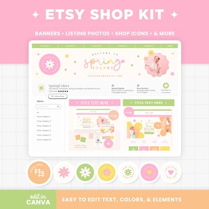Modelli di banner per negozi Etsy, kit di branding Etsy con colori pastello primaverili, modelli di mockup di banner Canva modificabili, kit per negozi Etsy - SCO