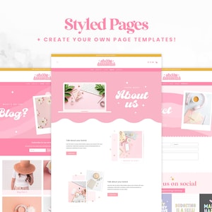 May include: A website template design with a pink and white color scheme. The website features a blog, about us, and contact sections. The website also includes social media icons and a call to action to create your own page templates.