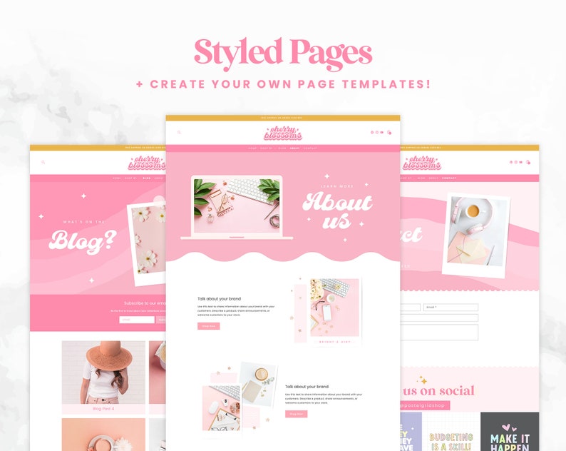 May include: A website template design with a pink and white color scheme. The website features a blog, about us, and contact sections. The website also includes social media icons and a call to action to create your own page templates.