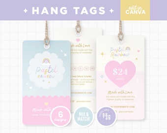 Editable Price Tag Canva Template in Pastel Rainbow Blue Pink Purple Cute Aesthetic Hang Tags for Clothing Business Price Tag Template - PRB