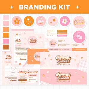 Branding Kit Pink Orange Canva Templates Editable and Customizable Business Cards Thank You Cards Facebook Cover Instagram Highlights - SSS