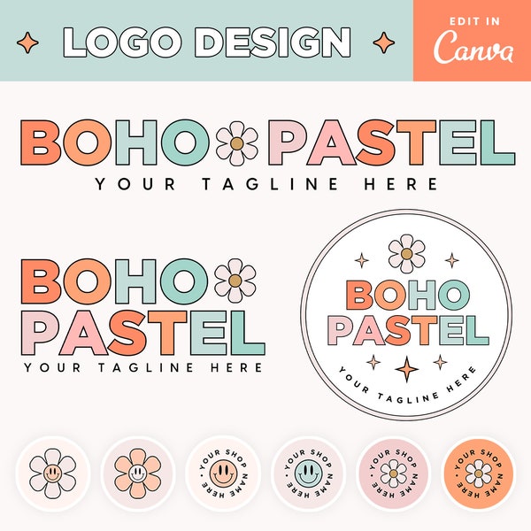 Editable Logo in Canva Boho Pastel Groovy Aesthetic Retro Logo Design Customizable Feminine Branding Logo Boutique Shop Small Business Logo