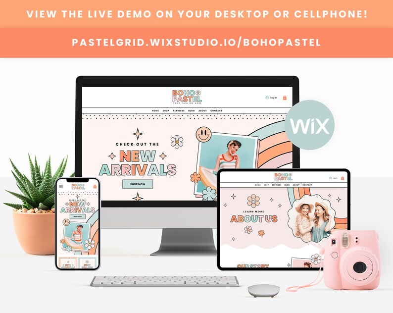 Wix Template in Boho Pastel Rainbow Groovy Cute Wix Website Theme, Editable Canva Customizable Shop Design Templates, Wix Theme Design - BPT image 2