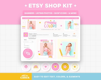 Etsy Shop Banner Templates Rainbow Bright Happy Colors Aesthetic Etsy Branding Kit Template Editable Canva Banner Mockup Shop Bundle - HPC