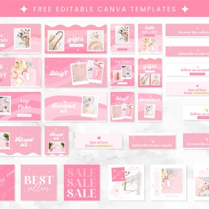 May include: A collection of pink and white Canva templates for social media. The templates feature text such as "New Arrivals", "Sale 30% Off", "Top Picks", "Blog?", "Contact Us", "About Us", "Best Sellers", and "Sale".
