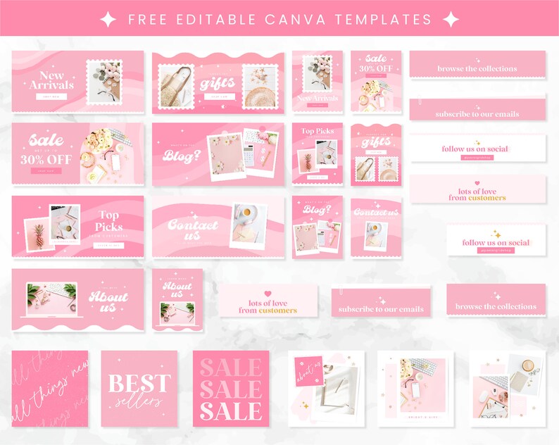 May include: A collection of pink and white Canva templates for social media. The templates feature text such as "New Arrivals", "Sale 30% Off", "Top Picks", "Blog?", "Contact Us", "About Us", "Best Sellers", and "Sale".