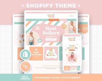 Shopify Theme Boho Groovy Pastel Customizable Color Shopify Template Editable Canva Banners Boutique Bright Aesthetic Pastel Design - GVB