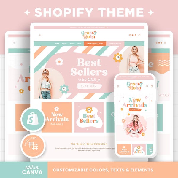 Shopify-thema Boho Groovy Pastel Aanpasbare kleur Shopify-sjabloon Bewerkbare canvasbanners Boutique Helder esthetisch pastelontwerp - GVB
