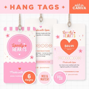 Modelo de etiqueta de preço editável Canva em corações florais Valentine Aesthetic, etiquetas de pendurar rosa e vermelhas para roupas, modelo de etiqueta de preço comercial - LLH
