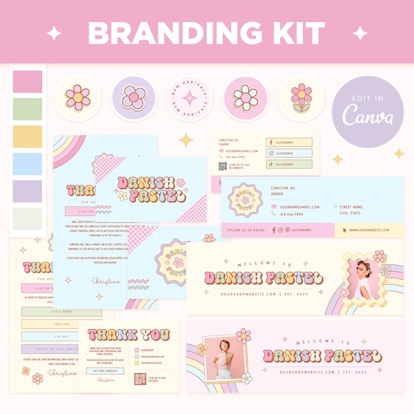 Branding Kit Danish Pastel Groovy Rainbow Aesthetic Canva Template Editable Business Card Thank You Facebook Pinterest Instagram Youtube