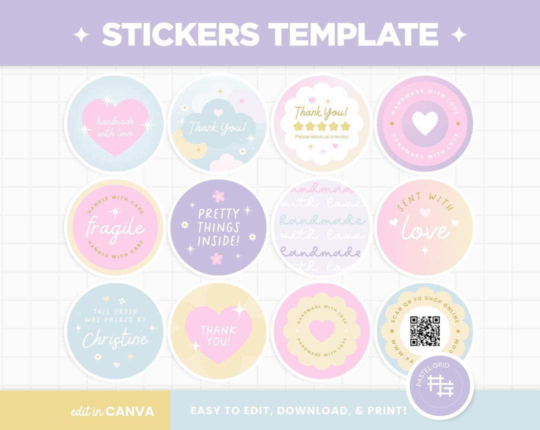 Stickers for Packaging Editable Canva Template in Pastel Rainbow Pink ...