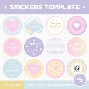 Adesivos para Embalagem Modelo Canva Editável em Pastel Arco-íris Rosa Roxo Azul Bonito Estético Personalizável Loja Modelos de Adesivos - PRB