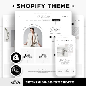 Shopify Theme Black White Luxe Aesthetic Shopify Template Editable Canva Banners Boutique Minimalist Elegant Shopify Store Design - WLX image 1