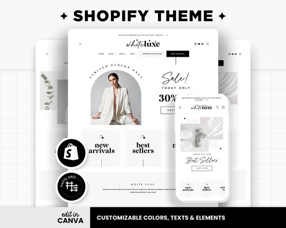 Shopify Theme Black White Luxe Aesthetic Shopify Template Editable Canva Banners Boutique Minimalist Elegant Shopify Store Design - WLX
