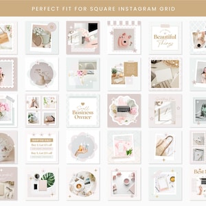 Puede incluir: Una colecci&oacute;n de 36 im&aacute;genes cuadradas para cuadr&iacute;cula de Instagram que presentan una variedad de temas, incluyendo flores, caf&eacute;, suministros de oficina y superposiciones de texto. Las im&aacute;genes est&aacute;n dise&ntilde;adas con una est&eacute;tica ligera y aireada con un esquema de color rosa y blanco.
