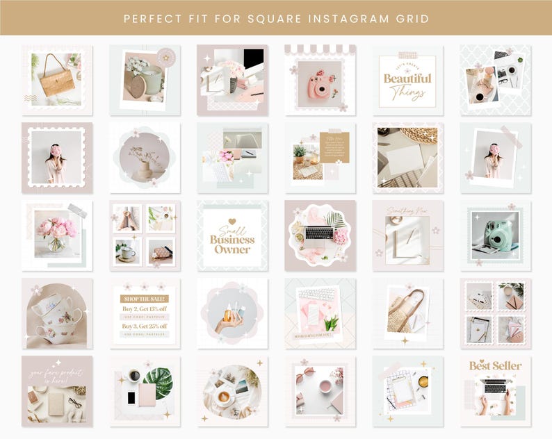 Puede incluir: Una colecci&oacute;n de 36 im&aacute;genes cuadradas para cuadr&iacute;cula de Instagram que presentan una variedad de temas, incluyendo flores, caf&eacute;, suministros de oficina y superposiciones de texto. Las im&aacute;genes est&aacute;n dise&ntilde;adas con una est&eacute;tica ligera y aireada con un esquema de color rosa y blanco.