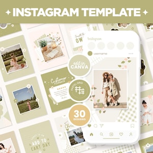 May include: A set of 30 Instagram templates in a pastel green colour scheme with floral and checkered patterns. The templates feature text such as "Small & OW", "Customer Feedback", "Pastel Grid", "New Arrivals", "Add to Cart Day", and "Edit in Canva".