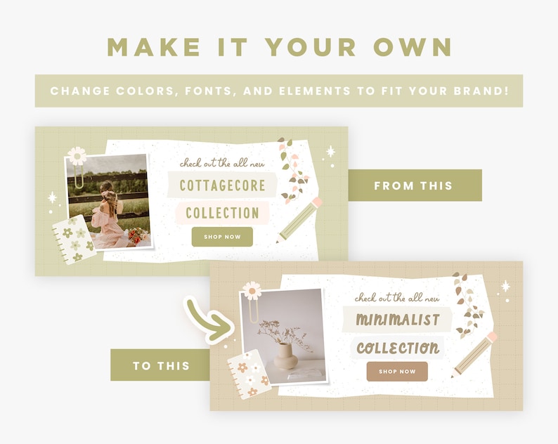 Puede incluir: Dos banners de redes sociales con un esquema de color verde y marr&oacute;n. La pancarta superior presenta una foto de una persona en un campo con el texto "check out the all new COTTAGECORE COLLECTION SHOP NOW". La pancarta inferior presenta una foto de un jarr&oacute;n con flores y el texto "check out the all new MINIMALIST COLLECTION SHOP NOW".