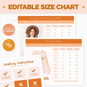 May include: A printable size chart for Gildan 18000 crewneck sweatshirts. The chart includes measurements for both unisex and adult sizes in inches. The chart is designed to be edited in Canva. The chart also includes washing instructions for the sweatshirts.