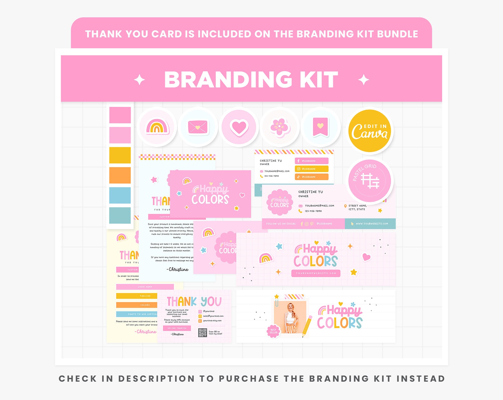 Thank You Card Template Editable in Canva, Rainbow Pink Orange Bright ...