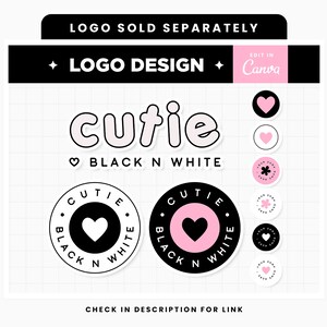Puede incluir: Un dise&ntilde;o de logotipo en blanco y negro con la palabra "cutie" en letras de burbuja rosa. El logotipo tambi&eacute;n incluye un coraz&oacute;n y el texto "BLACK N WHITE".