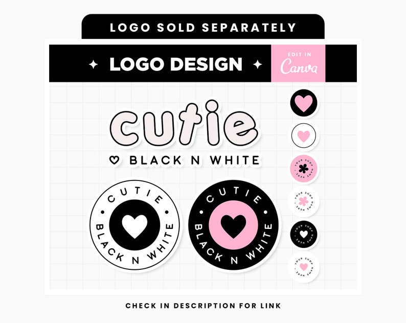 Puede incluir: Un dise&ntilde;o de logotipo en blanco y negro con la palabra "cutie" en letras de burbuja rosa. El logotipo tambi&eacute;n incluye un coraz&oacute;n y el texto "BLACK N WHITE".