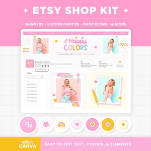 Etsy Shop Banner Templates Rainbow Bright Happy Colors Aesthetic Etsy Branding Kit Template Editable Canva Banner Mockup Shop Bundle - HPC