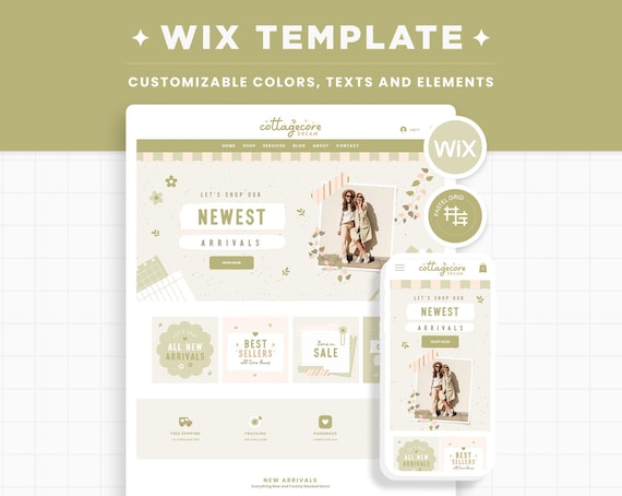 Wix Template in Cottagecore Sage Green - Cute Wix Website Theme, Editable Canva Customizable Shop Design Templates, Wix Theme Design - CDR