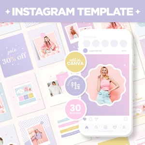 Instagram Posts Template Pastel Rainbow Colorful Bundle in Square Portrait Stories Canva Editable Pink Purple Social Media Templates - PRB