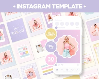 Instagram Posts Template Pastel Rainbow Colorful Bundle in Square Portrait Stories Canva Editable Pink Purple Social Media Templates - PRB