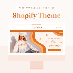 May include: A computer screen displaying a website with a bright orange, yellow, and pink colour scheme. The website is for a clothing store called "bright boho" and features a model wearing a white hoodie with the text "everything is gonna be okay" printed on it. The website also features a banner with the text "Check out our new arrivals" and a button that says "Shop Now".