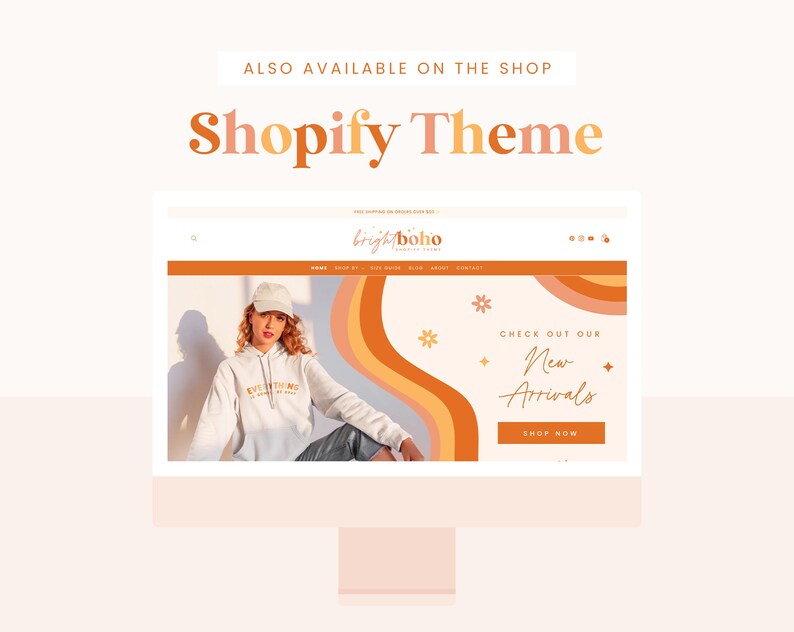 May include: A computer screen displaying a website with a bright orange, yellow, and pink colour scheme. The website is for a clothing store called "bright boho" and features a model wearing a white hoodie with the text "everything is gonna be okay" printed on it. The website also features a banner with the text "Check out our new arrivals" and a button that says "Shop Now".
