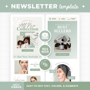 May include: A digital newsletter template with a pastel green and white color scheme. The design includes sections for "All New Collection" and "Best Sellers", with images and text. The template is labeled "Easy to edit text, colors, & elements."