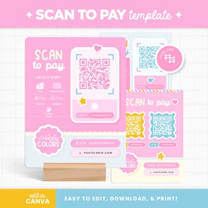 Modello "Scan to Pay" in colori vivaci, personalizzabile, stampabile e visualizzabile tramite codice QR per il pagamento in negozio - HPC