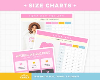 Size Chart and Care Instructions for Gildan 18000, Gildan 18500, Comfort Colors 1717, Canva Editable Template Size Guide - HPC