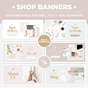 Puede incluir: Un conjunto de cinco banners de tienda personalizables con un esquema de color rosa y blanco. Los banners presentan texto como "Los más vendidos", "Nuevos llegados", "¡Venta! 30% de descuento", "Acerca de nosotros" y "En el blog".