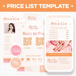 Price List Template in Pink Peach Orange Colors, Editable Canva Beauty Salon Nail Makeup Hair Stylist Price List, Printable Pricing Guide