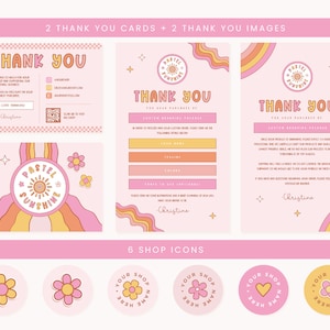Puede incluir: Dos tarjetas de agradecimiento de color rosa pastel con un dise&ntilde;o de sol y flores. Las tarjetas tienen el texto "Gracias" y "Pastel Sunshine". Tambi&eacute;n hay seis iconos de tienda con un dise&ntilde;o de flor, coraz&oacute;n y sol.