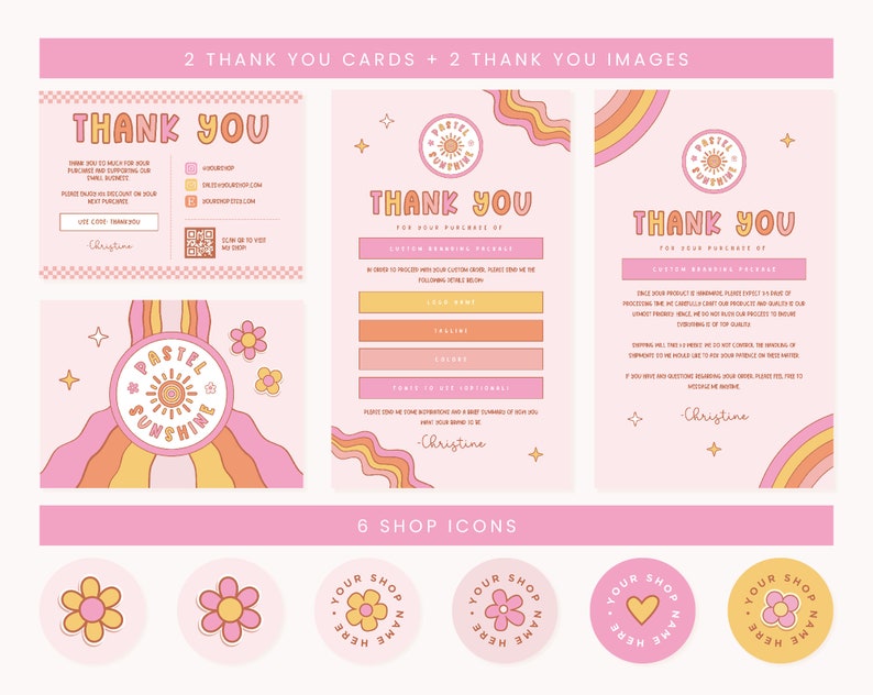 Puede incluir: Dos tarjetas de agradecimiento de color rosa pastel con un dise&ntilde;o de sol y flores. Las tarjetas tienen el texto "Gracias" y "Pastel Sunshine". Tambi&eacute;n hay seis iconos de tienda con un dise&ntilde;o de flor, coraz&oacute;n y sol.