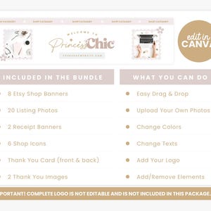 May include: A digital product bundle in a light pink and beige colour scheme. The image includes Etsy shop banners, listing photos, receipt banners, shop icons, thank you cards, and images. Text includes "Welcome to Princess Chic" and "Edit in Canva."