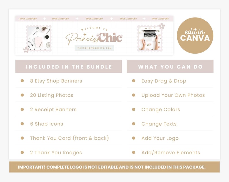 May include: A digital product bundle in a light pink and beige colour scheme. The image includes Etsy shop banners, listing photos, receipt banners, shop icons, thank you cards, and images. Text includes "Welcome to Princess Chic" and "Edit in Canva."