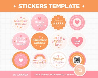 Plantilla editable de Canva para pegatinas de embalaje, en colores rosa, melocotón y naranja, con diseños brillantes, elegantes y personalizables. Plantillas de pegatinas para tiendas - PSS