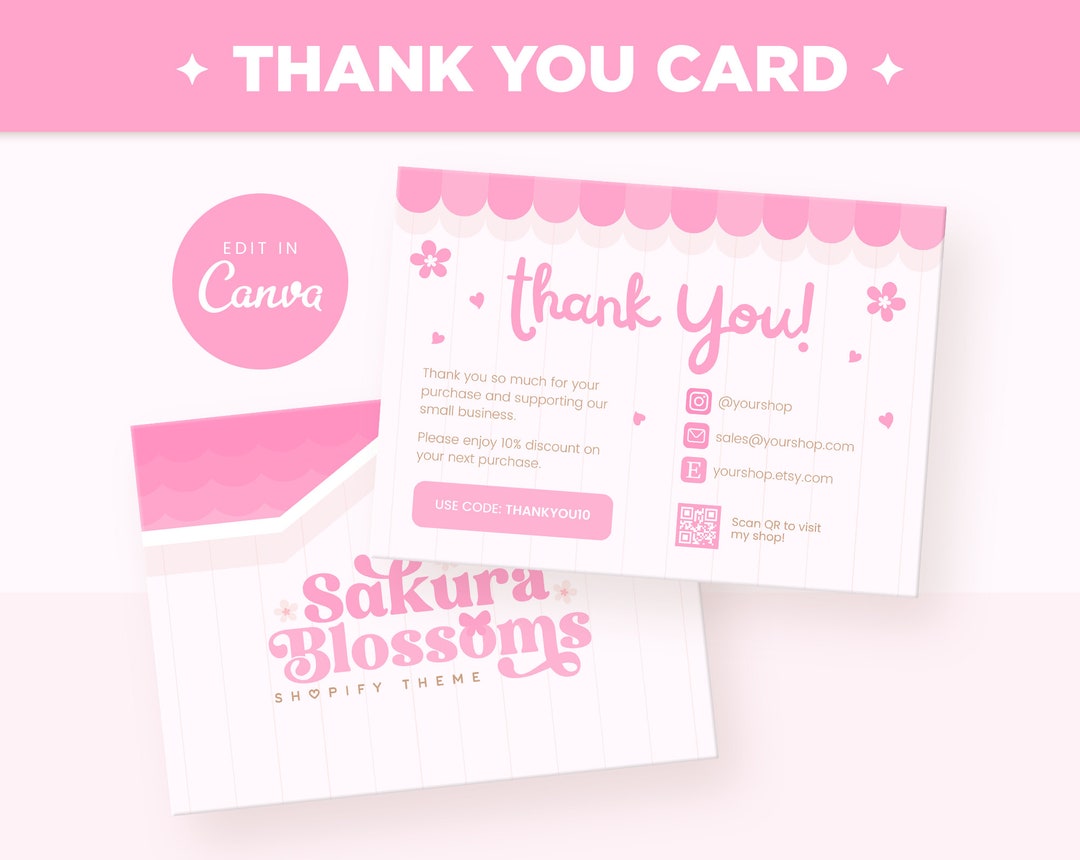 Thank You Card Template Editable in Canva Pink Sakura Cherry Blossoms ...
