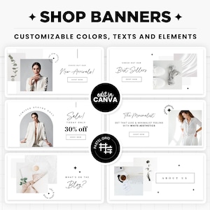 Peut inclure: Un ensemble de six banni&egrave;res de boutique personnalisables avec une esth&eacute;tique minimaliste. Les banni&egrave;res pr&eacute;sentent des fonds blancs avec du texte et des graphiques noirs. Les banni&egrave;res incluent du texte tel que "Nouveaut&eacute;s!" "Meilleurs vendeurs" "Soldes! Aujourd'hui seulement 30% de r&eacute;duction" "Le minimaliste" "Quoi de neuf sur le blog?" et "&Agrave; propos de nous".
