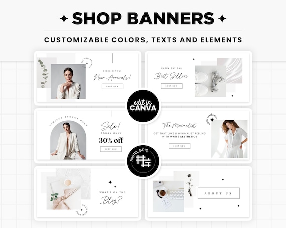 Shop Banners Minimalist White Black Editable via Canva, Shopify Banners Customizable Colors Website Banner E-commerce Store Design - WLX